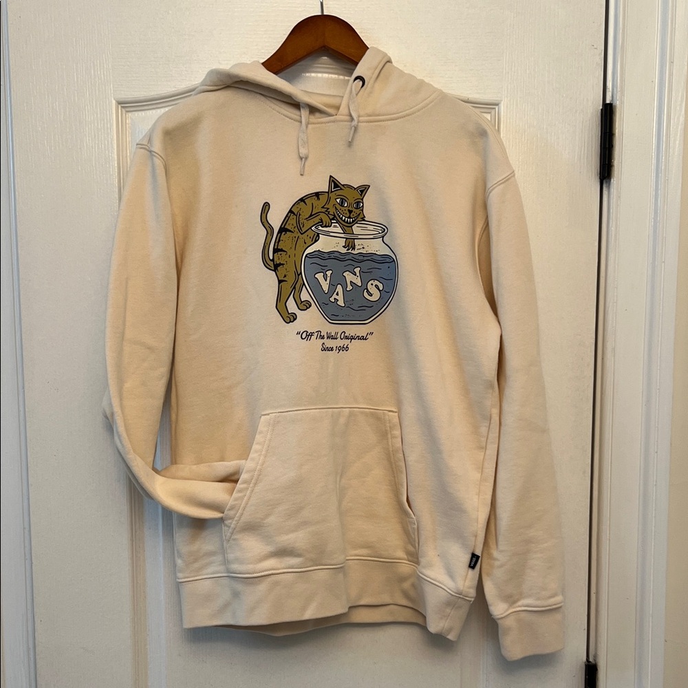 Vans Beige Hoodie with Cat and Bowl Graphic